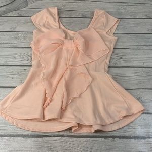 Charlotte Russe Womens Small Top Pink Boat Neck Peplum w/Large Bow Short Sleeve